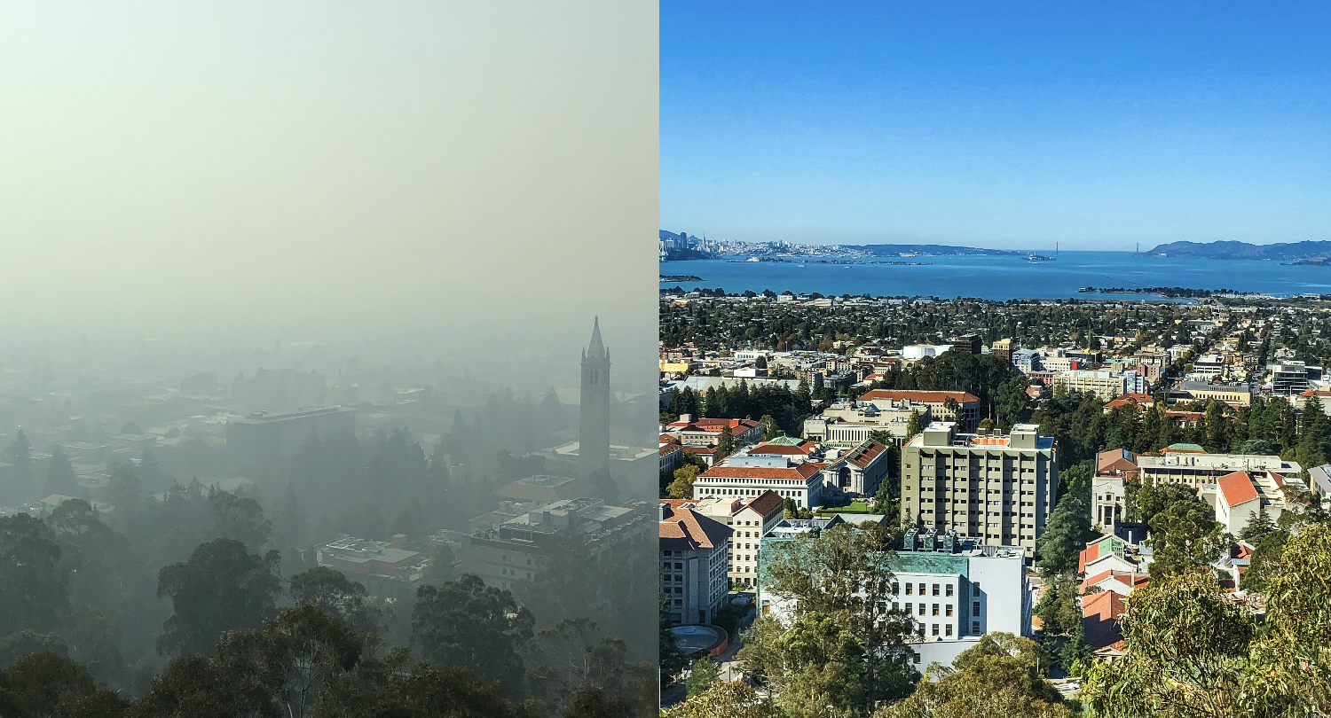 A comparison of air quality in the Bay Area. On the right the Golden Gate Bridge can be seen; on the left smoke obscures most of the city of Berkeley.
