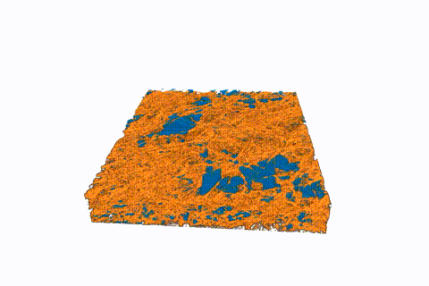 This animated 3-D rendering, generated by an X-ray-based imaging technique at Berkeley Lab’s Advanced Light Source, shows tiny pockets of water (blue) in a fibrous sample. The X-ray experiments showed how moisture and temperature can affect hydrogen fuel-cell performance. (Credit: Berkeley Lab)