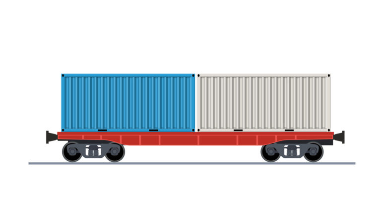 Illustration of freight car on track. Battery-tender cars are modular and can be deployed in different configurations to locations experiencing power outages as well as to other sectors, such as to for electrifying ships. (Credit: drogatnev/iStock)