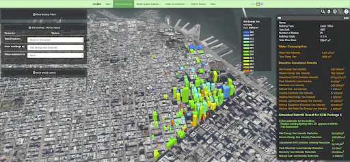 CityBES screenshot showing a group of commercial buildings in San Francisco with energy retrofit modeling results.