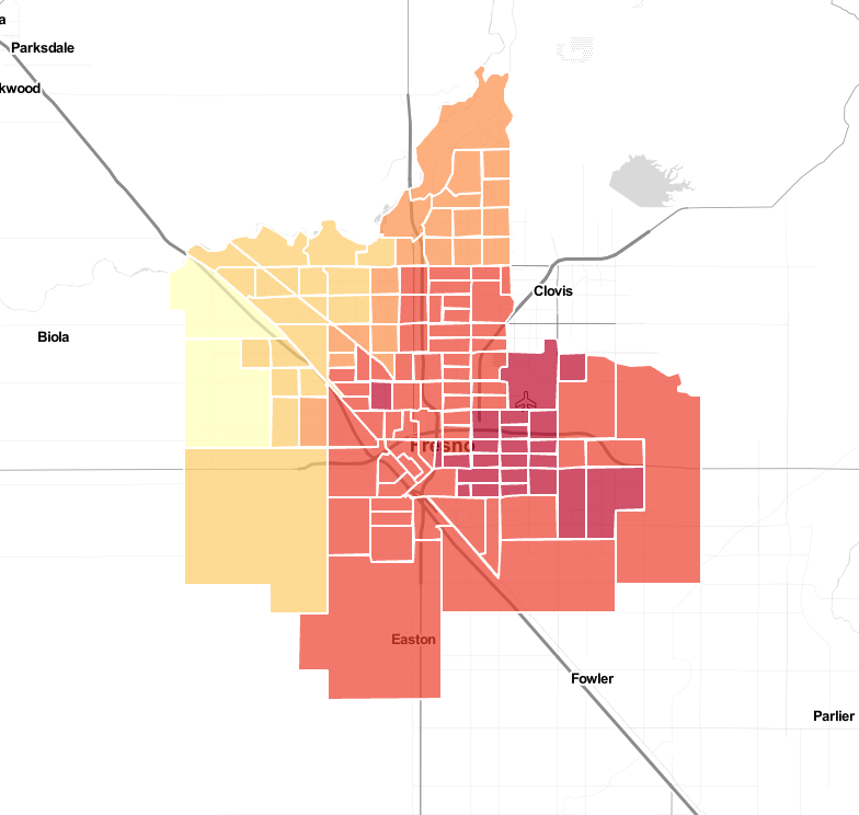 City map overlaid with parcel outlines and red/orange color.