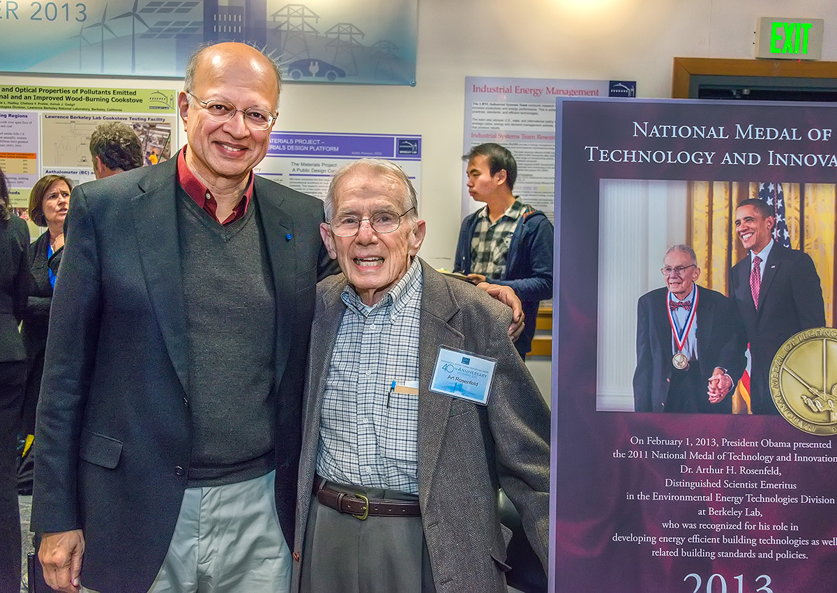  Gadgil with Art Rosenfeld, right, after speaking at the Environmental Energy Technologies Division’s (now Berkeley Lab’s Energy Technologies Area) 40th Anniversary ceremony in 2013. (Credit: Roy Kaltschmidt/Berkeley Lab)